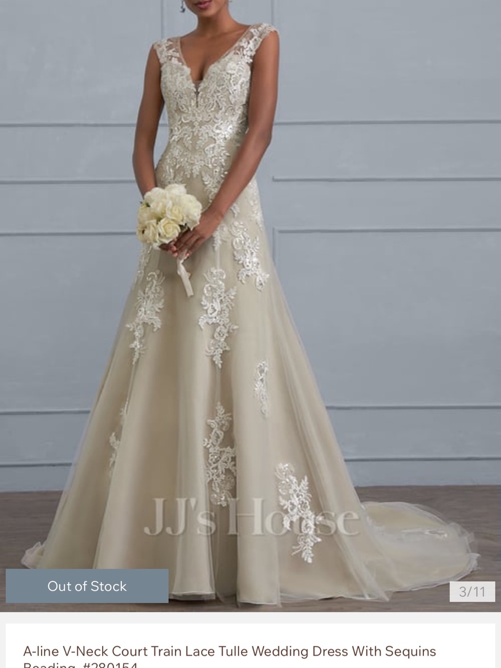 JJs House Ivory Lace A-Line V-Neck Wedding Dress with Champagne Underlay - Picture 5 of 6